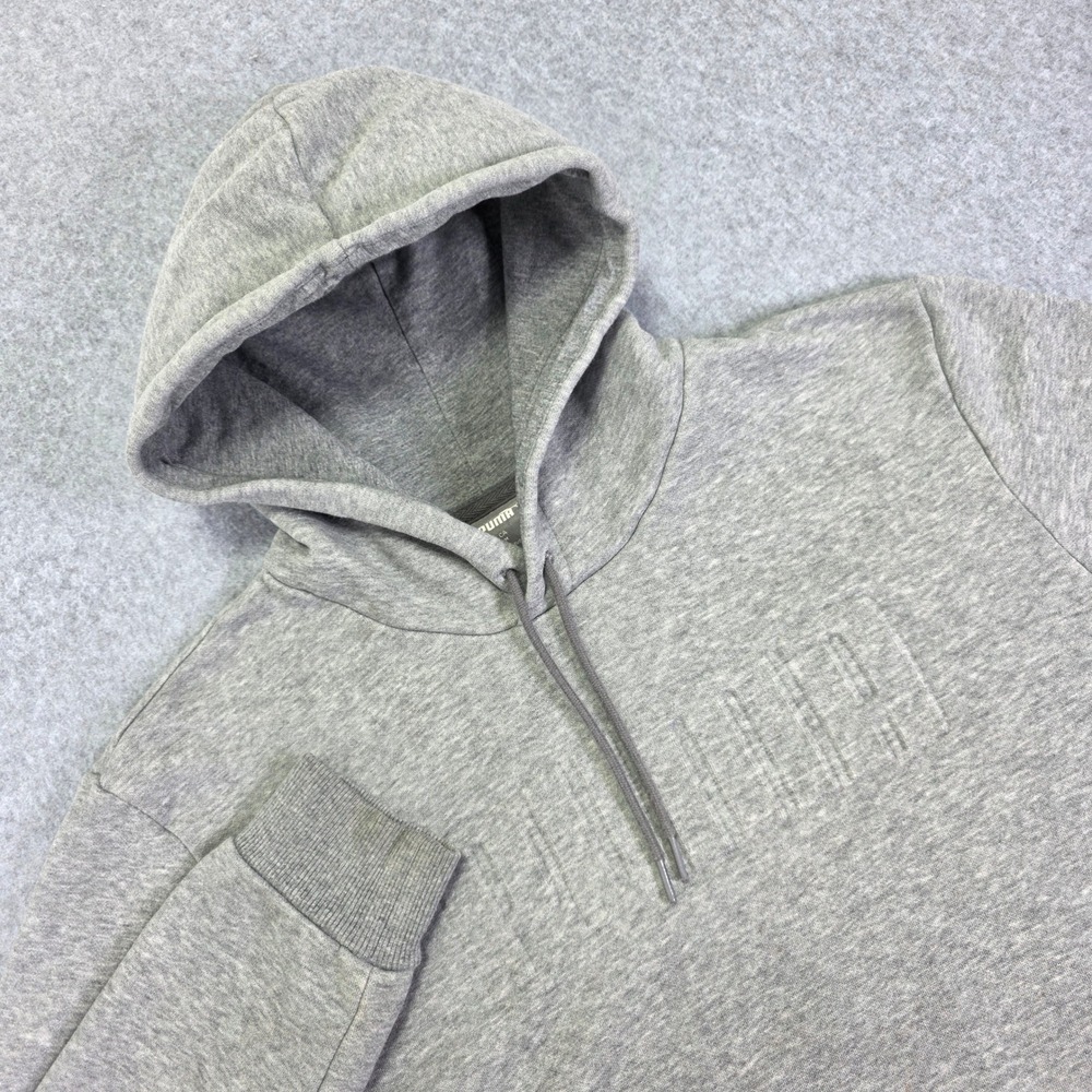 Puma Men's Size Medium Heather Gray Embossed Logo Fleece‎ Hoodie Sweatshirt